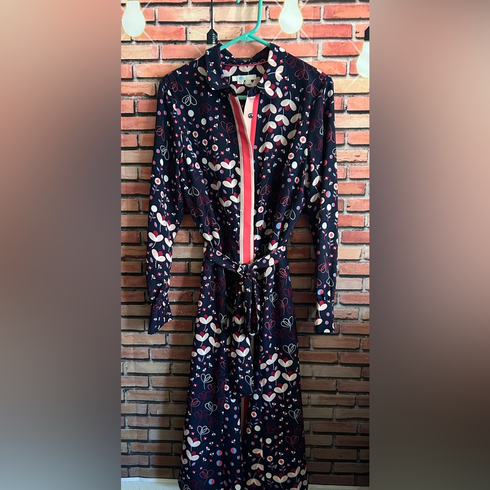 Boden Navy Floral Pippa Print Button-Front Shirt Dress with Tie Belt Size 10R